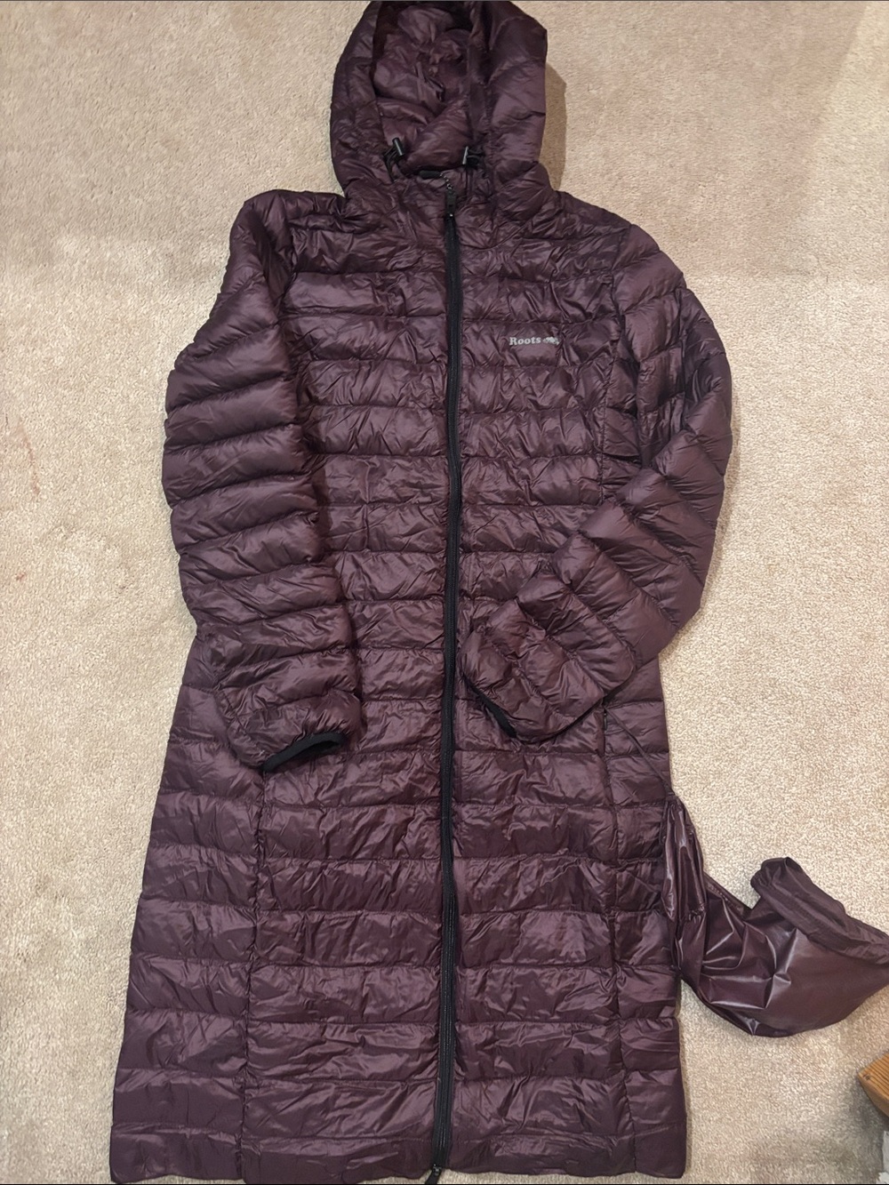 Roots Long Hooded Packable Puffer Coat - Plum